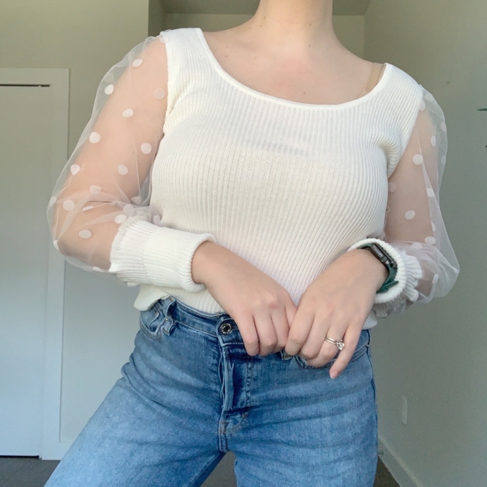 Vintage C+D+M Ribbed Blouse Puff Sheer Sleeves Polka Dot White